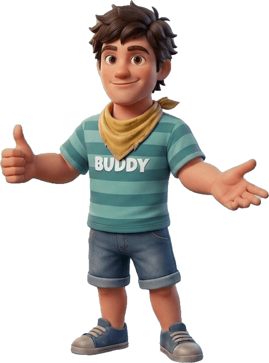 Buddy, o mascote do Ei Buddy, com o polegar levantado